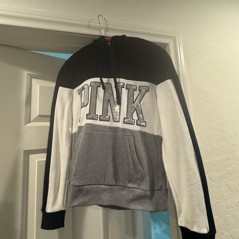 Bling sequin PINK Victoria's Secret Colorblock Hoodie - Black, White, Gray